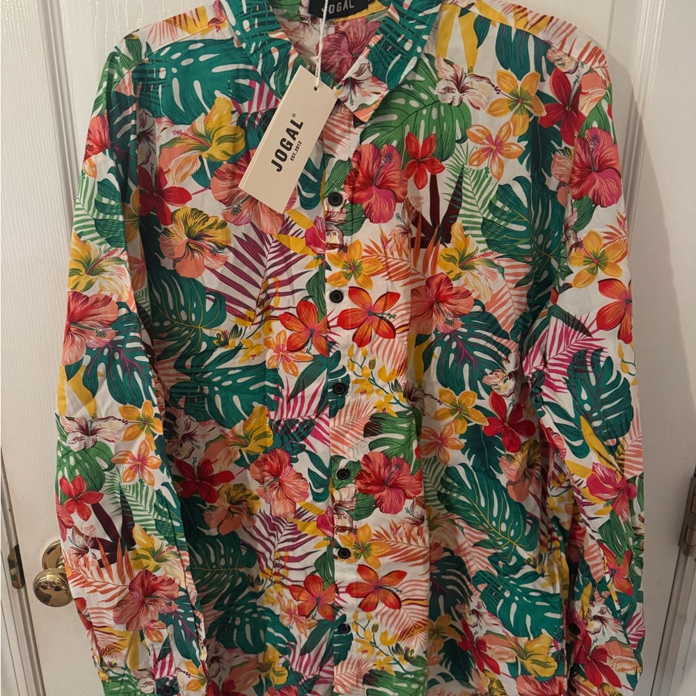JOGAL Women's Tropical Floral Button Down Shirt - Multicolor